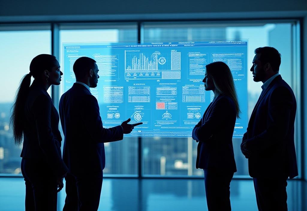 Team analyzing business workflows on a digital screen